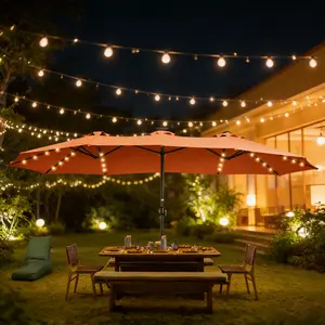 [Solar LED Lights]15ft Outdoor Patio Umbrella with 12 Heavy-Duty Sturdy Ribs, 2X Anti-Rust Coating, Smooth Crank System, 99.9% UV-Resistant Double-Sided Market Umbrella for Deck, Pool, Backyard