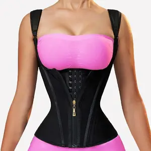Women's Waist Trainer Corset |   Adjustable Straps & Steel Bone Support |   Double Compression Body Shaper with Zipper Closure |   Sleek Black, Latex |   Tummy Control Vest Enhanced Posture and Waistline | Womenswear Shapewear Highwaist Girdle Waistband