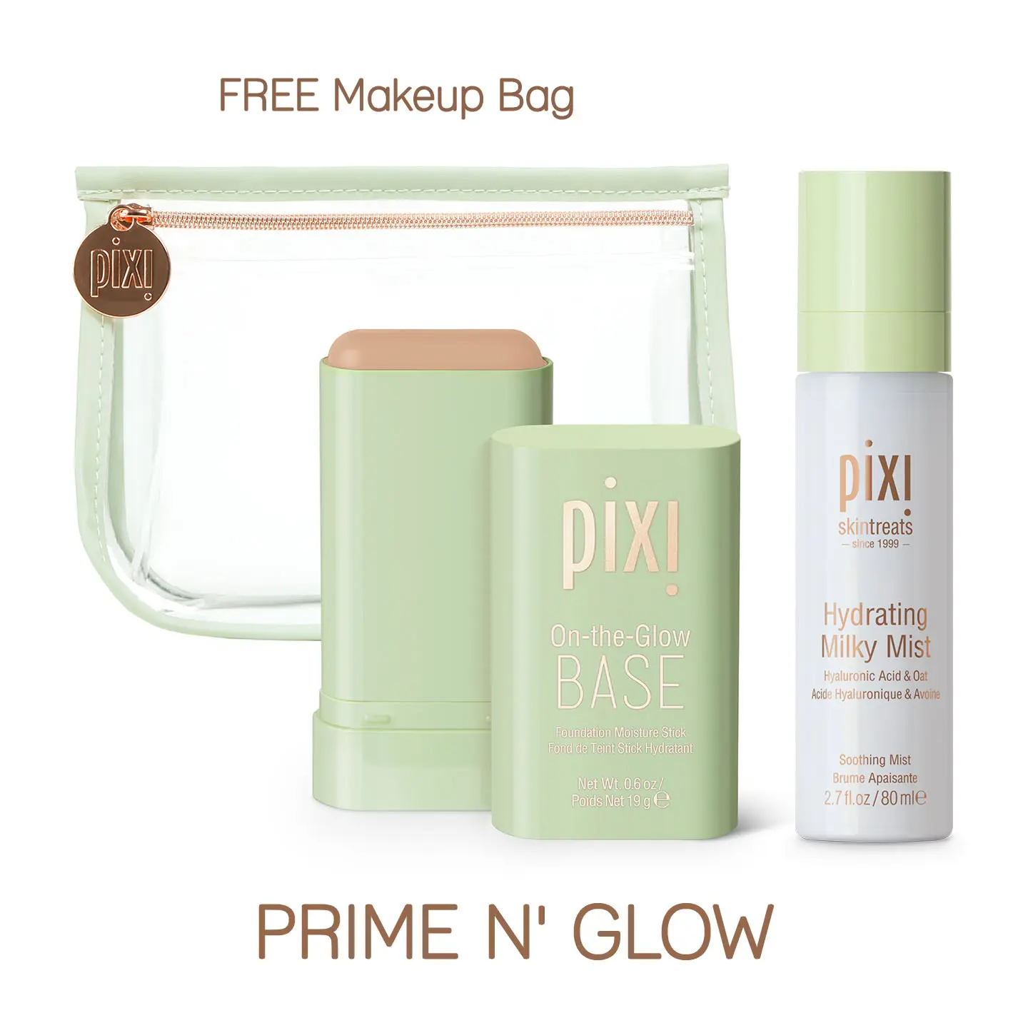 Pixi Prime N' Glow Makeup Set - Golden Contour, Hyaluronic Hydrating, Blendable Concealer & Foundation, Includes FREE Makeup Bag
