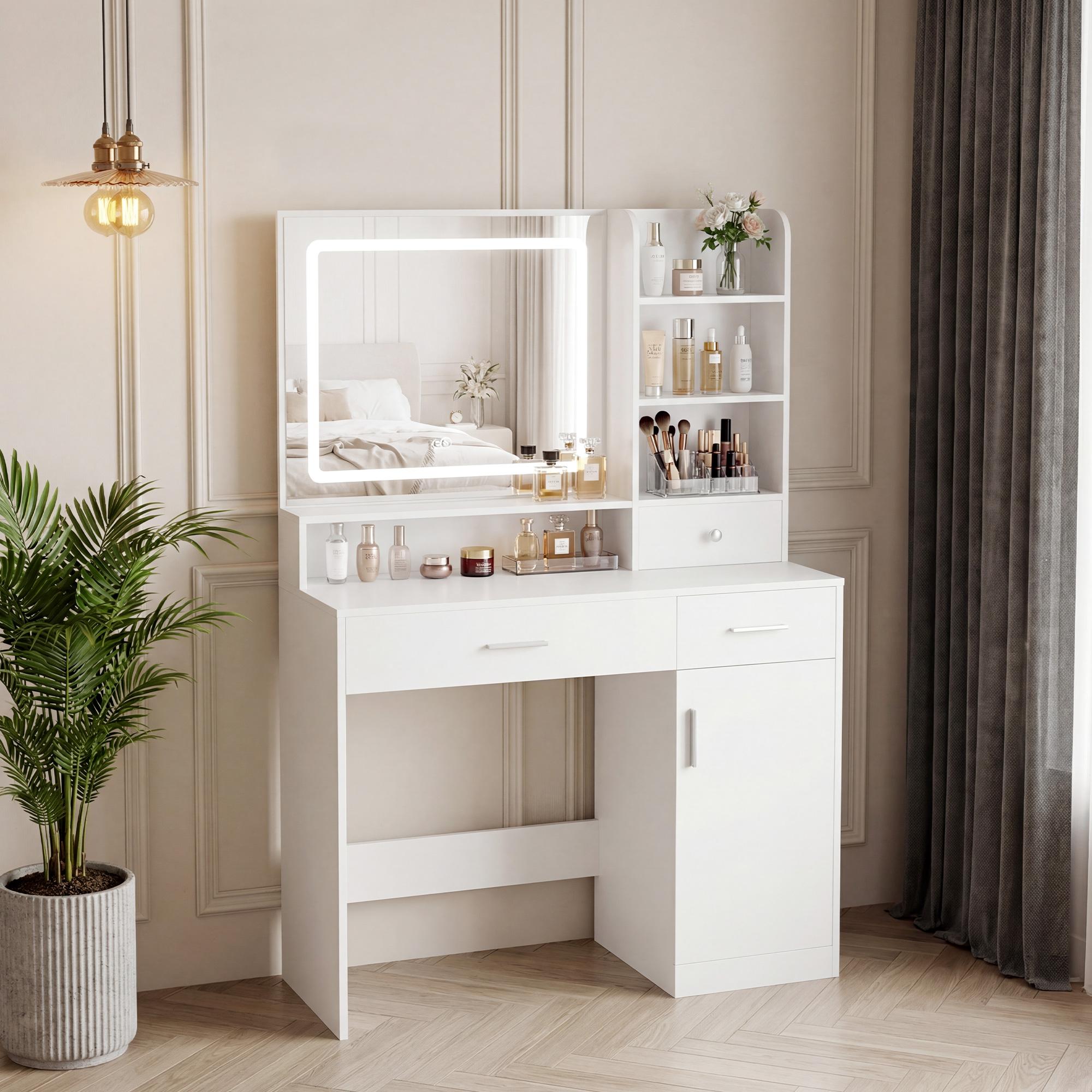 Sweetcrispy Modern Makeup Vanity with Mirror - Indoor Furniture Dressing Table, 2 Drawers, Large Cabinet, 3 Adjustable Lights