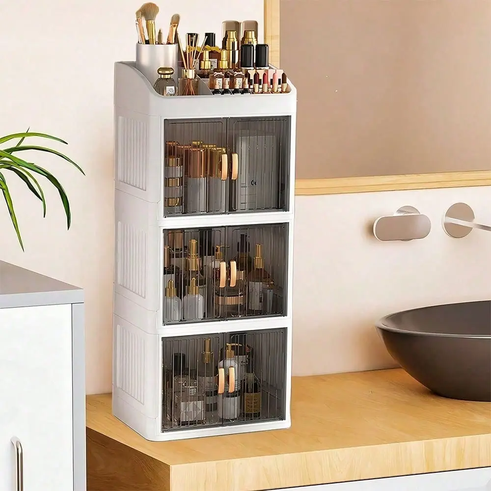 Vanity Makeup Storage Box, Foldable & Sliding Door Design, Clear Cover Cosmetic Display Cabinet, Large Capacity Skincare & Cosmetics Organizer, Ideal Gift For Women, Large Capacity Stackable Collapsible