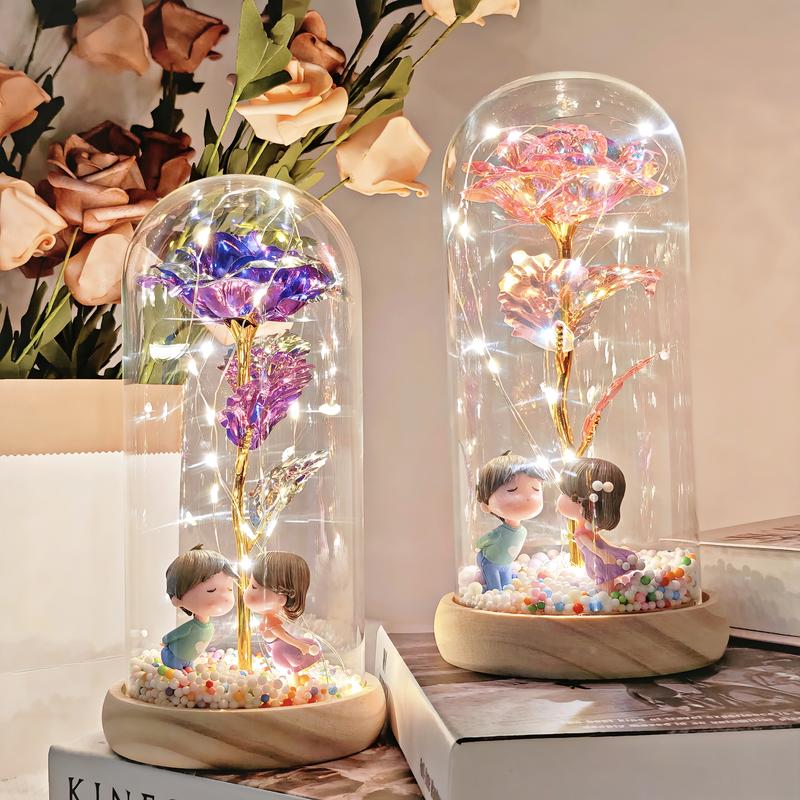 Artificial Roses withLED Lights in Clear Glass Storage Box Single Stem Home Party Decorations for Valentine's Day Christmas Festival