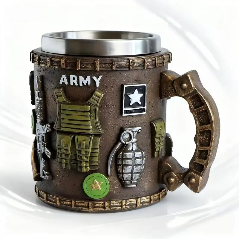 Retro Army Design Novelty Coffee Mug - Stylish Reusable Travel Tumbler Mug with Handle, Handcrafted Artisan Cup, Veterans Day Meaningful Gift for Military Enthusiasts