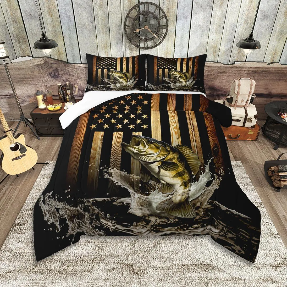 Feelyou Vintage American Flag Bed Comforter Set - Rustic Black-Brown Farmhouse Bass Fish Bedspread, Men's Decorative Bedding, Warming Quilt Gift, Bedspread Set, Decorative Bedding Set