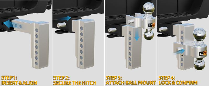 LOCAME Heavy-Duty Adjustable Trailer Hitch 2-Inch Receiver 6-Inch Drop/Rise Aluminum 12,500 LBS GTW with Double Stainless Steel Locks Silver