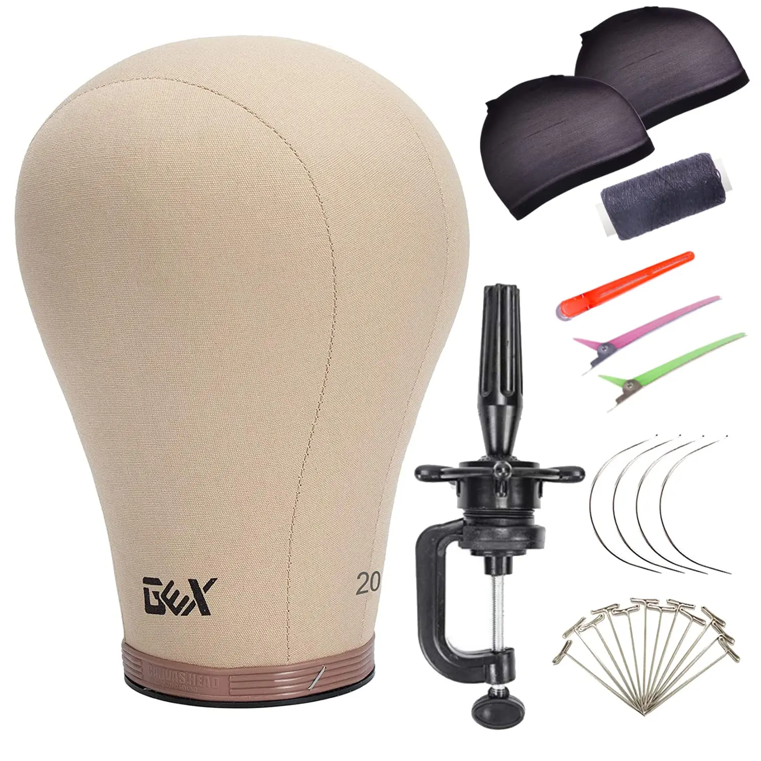 GEX 20"-24" Canvas Cork Wig Making Block Mannequin Head with Stand Holder, Multi-Color High-Density Interior, for Human Hair Silky Pre-Bonded Extensions Quick Weave Sewing