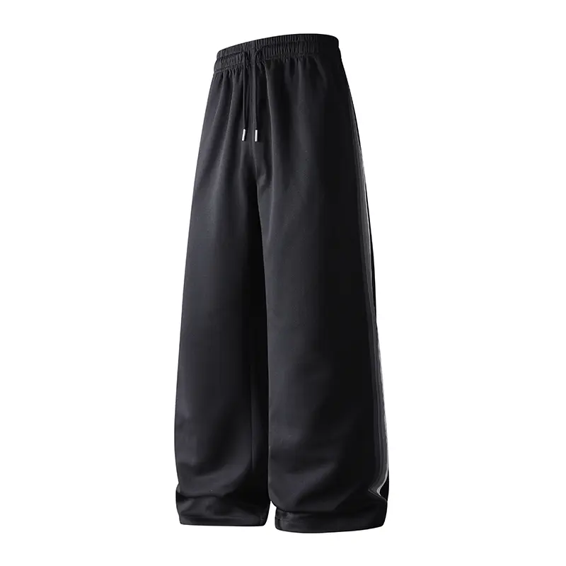 Men's Loose-Fit Drawstring Wide-Leg Activewear Pants, Summer Solid Color Casual Training/Streetwear Bottoms with Pockets, Uncuffed Black Gym Baggie Sweatpants, Menswear Athleisure Slacks