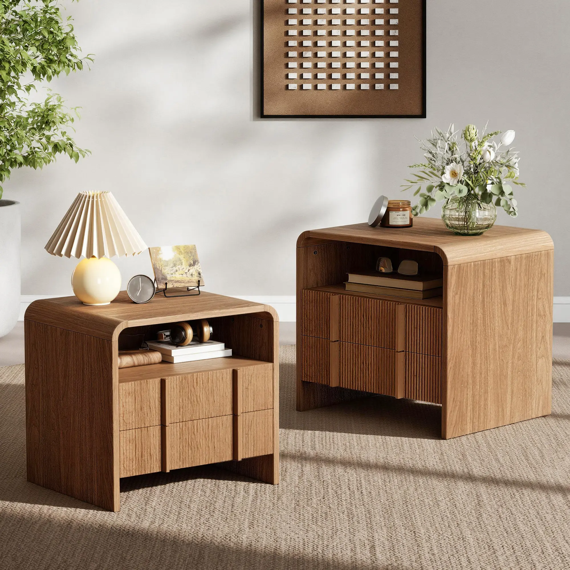 AMERLIFE 2 Different Style Modern Night Stand with Storage Drawer & Open Shelves, Small Nightstand & Bedside Table with Open Shelf, Curved Profile Design & Pine Handles, Wood End Table for Bedroom, Living Room,[tiktokshopbacktoschool][SohoChic]