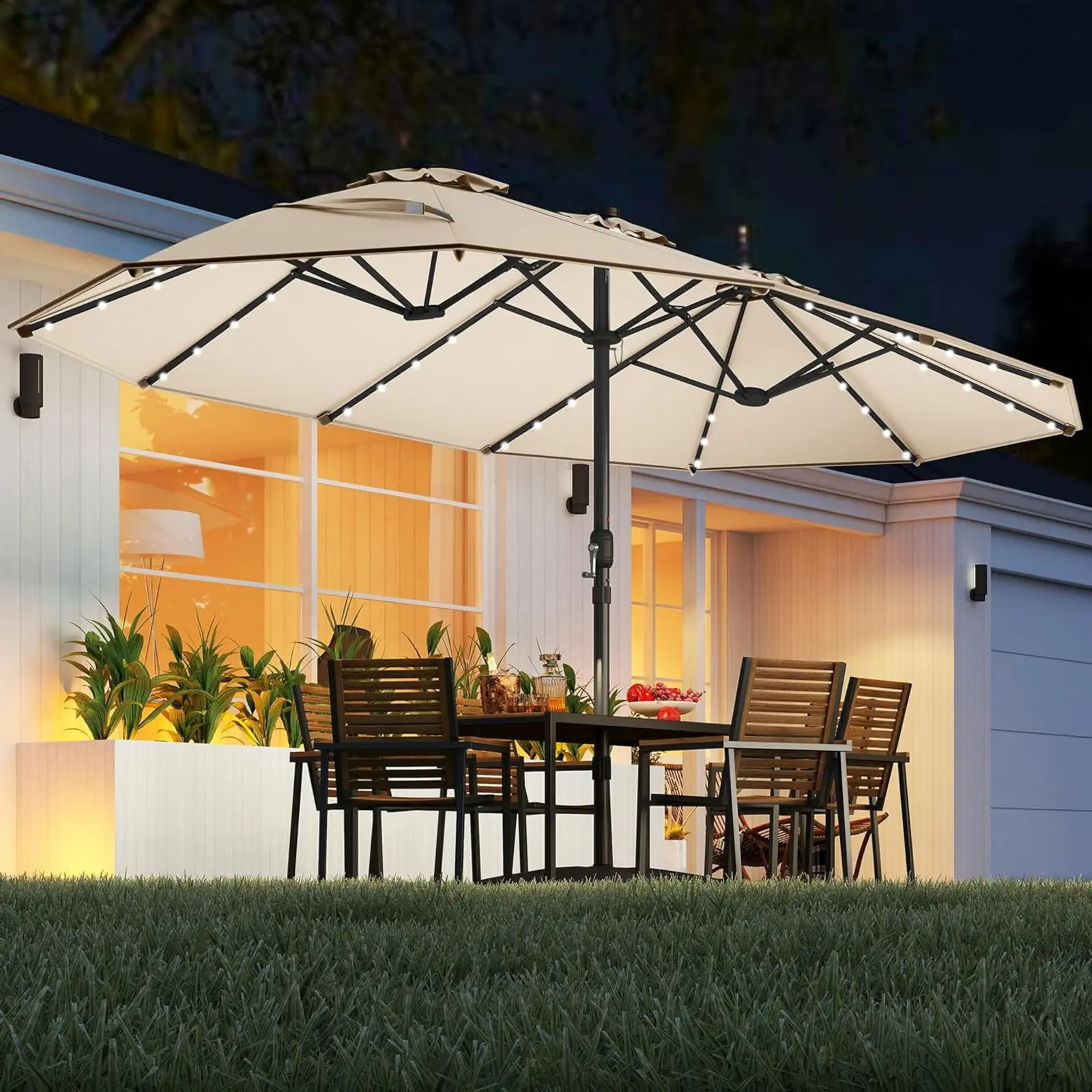【Solar Led Lights】COSTWAY 13/15ft Large Patio Umbrella, Extra Large Outdoor Double-Sided Twin Umbrella with Base & 36 LED Lights & Crank Handle for Garden, Deck, Poolside, Patio, 4th of july decor, dad gift