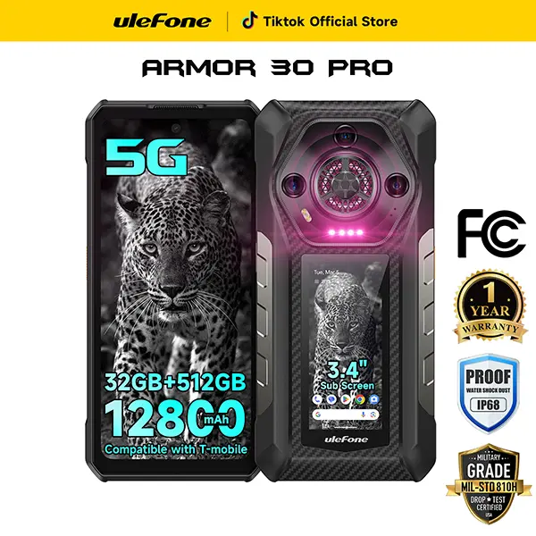 Ulefone Armor 30 4G/Armor 30 Pro 5G Rugged Phone,24GB Ram+512GB Rom,64MP Night Vision+50MP+50MP+32MP Camera,12800mAh(66W) Battery,Versatile LED Light,118dB/28mm Loudspeaker,6.95" FHD & 120Hz Screen,MediaTek Helio G100,Al-powered Shots,IP68 Smartphone, Rug