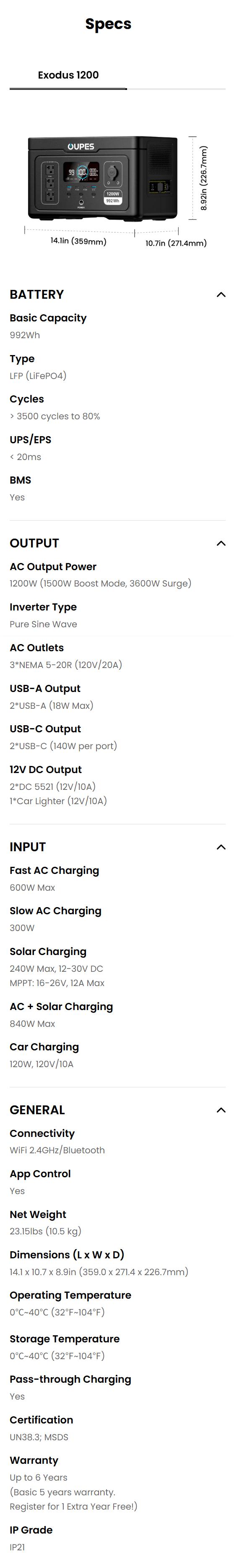 OUPES Exodus 1200W 992Wh Portable Power Station 1200W Surge LiFePO4 Solar Generator Battery 23.25lbs 0-100% in 1 Hour for RV Outdoors Camping Home Backup