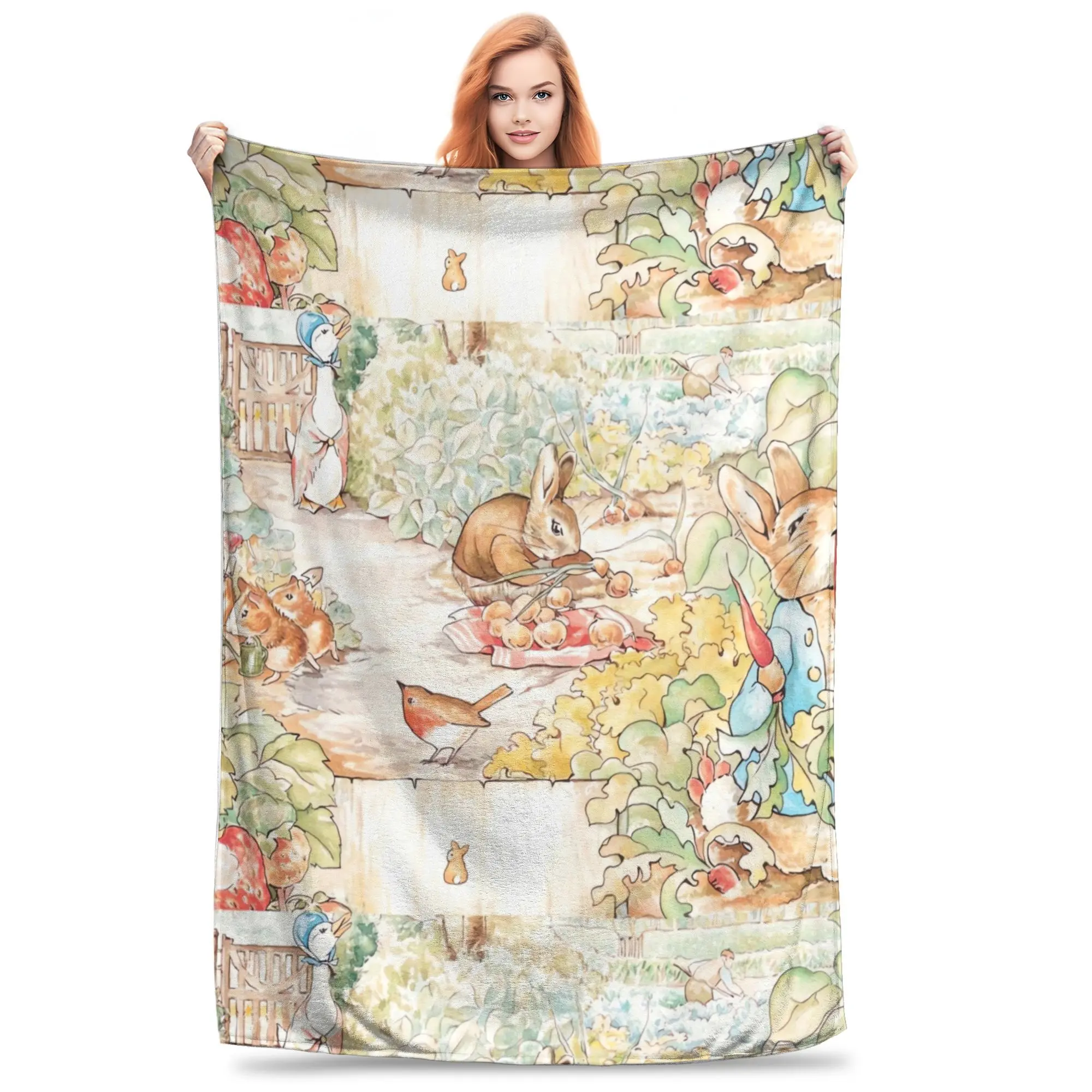 Vintage Beatrix Potter Peter Rabbit Print Polyester Tufted Flannel Blanket for Adults - Large, Soft, Wrinkle Resistant, Fade Resistant, Breathable, Cooling, Durable, Machine Washable, All-Season Bedding Throw - Sofa, Bedroom Use