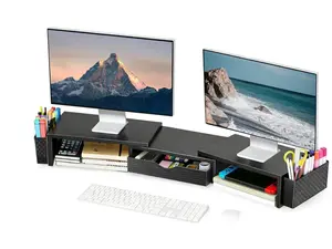 Dual Monitor Stand Riser Adjustable Desk Organizer w/ Drawer & 2 Pen Holders for Office Supplies