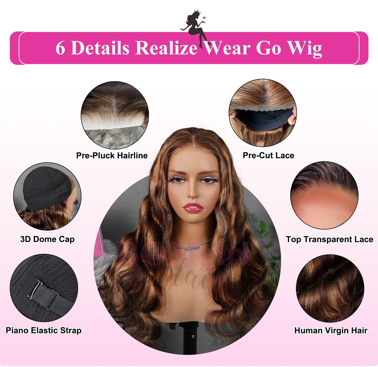BGMgirl Brown Highlight Body Wave 6*4 Wear Go Glueless 180% Density Pre Plucked Pre Cut Lace Closure Wig Colored Human Hair Wig TikTokShopBlackFriday