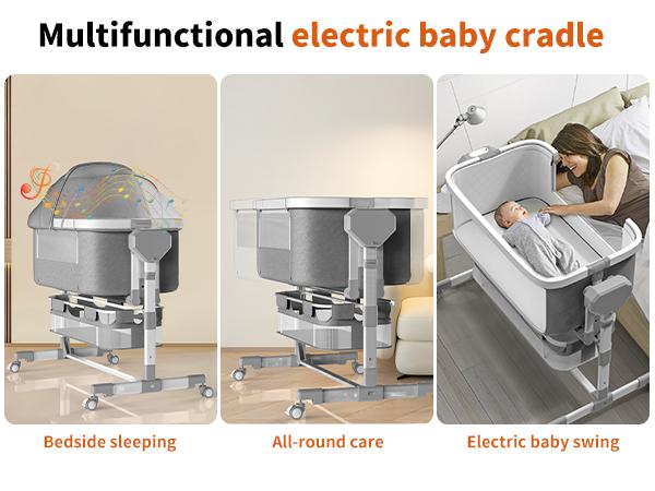 Electric Baby Bassinet with 5 Rocking Motions 6 Height Adjustments 4 Lullabies Bluetooth 5.0 360° Silent Wheels for Newborns Unisex Stable Swing Bedside Sleeper Modes
