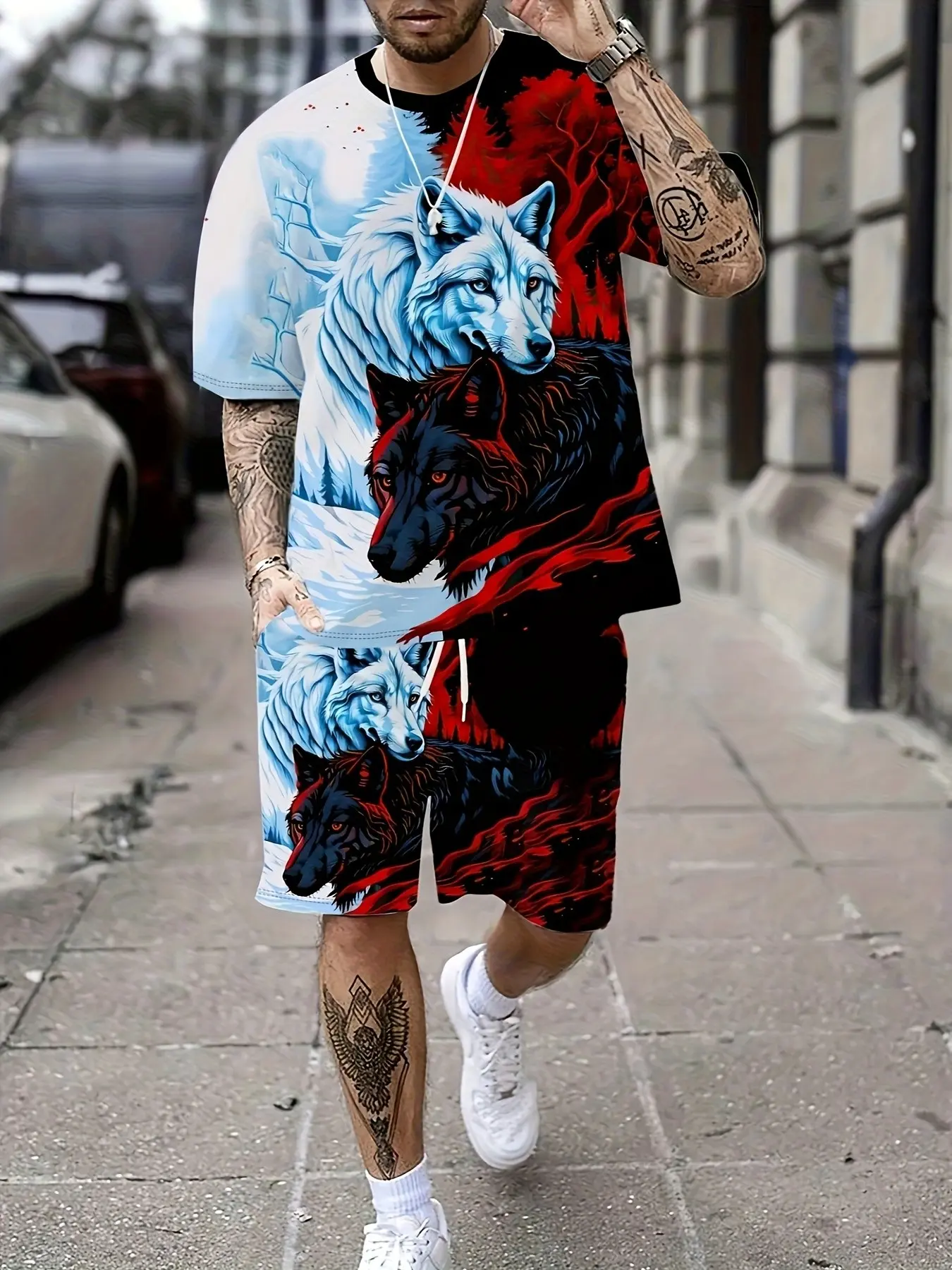 Men's Crew Neck Home Short-Sleeve T-Shirt Set, Black and White Wolf King 3D Print, Color Blocking Design, Digital Printed Short-Sleeve T-Shirt + Drawstring Shorts Set, Two-Piece Set, Outdoor Sports