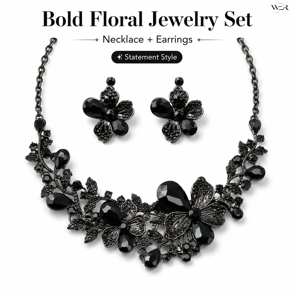 Statement Floral Jewelry Set for Women, Bedazzling Crystal Necklace and Earrings in Black, Green & Blue for Special Occasions, 106 G Per Set, Bedazzling Style, 45 + 7 Cm, Women/Girls, Daily, Everyday Sparkle, Female, Bling Effect, Rhinestone Jewelry Sets