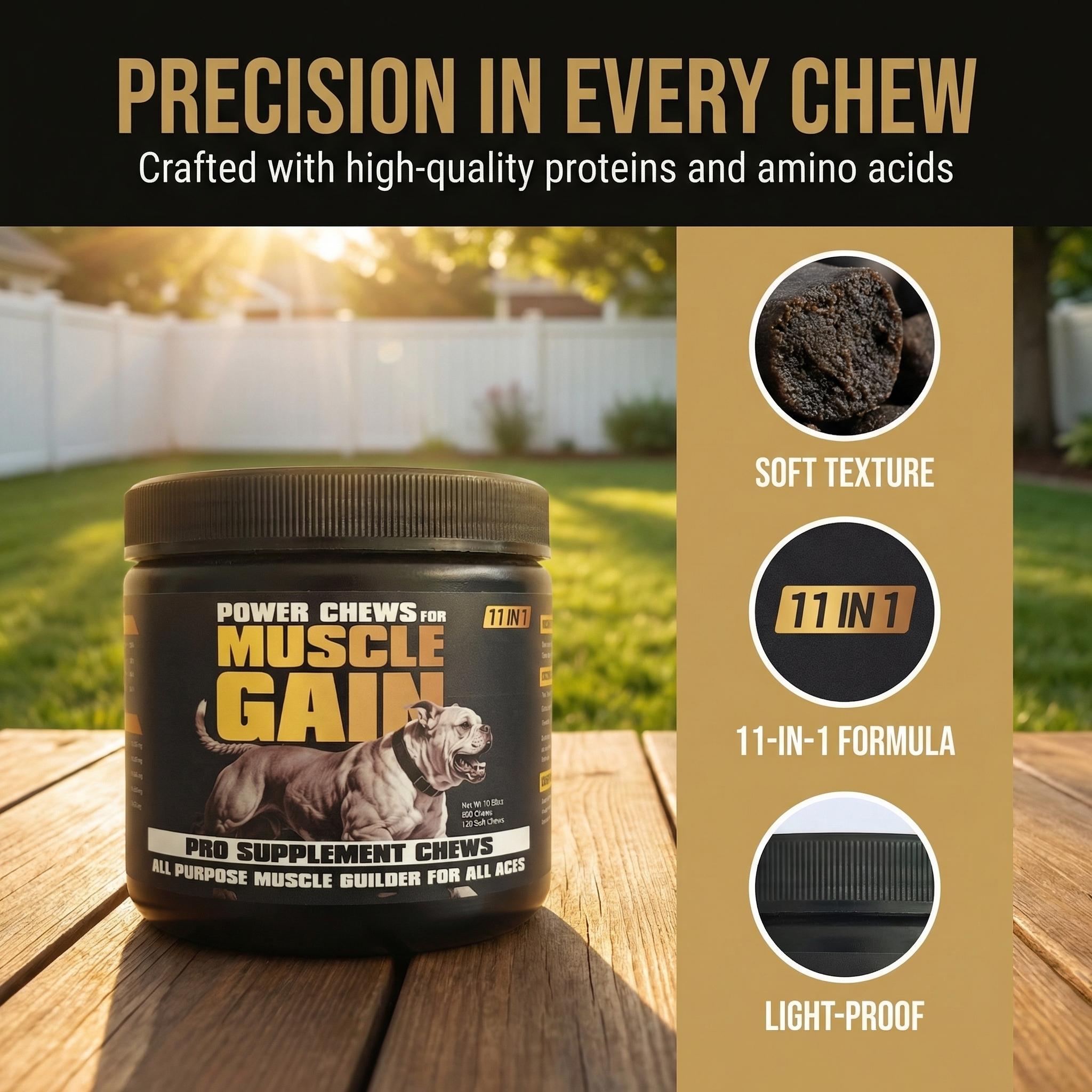 11-in-1 Muscle Gain Power Chews - High Protein Dog Supplement with Amino Acids - Healthy Treats for Puppy & Adult Dogs - Premium Muscle Builder for All Breeds - 120 Tasty Soft Dog Chews 11-in-1 Muscle Gain Power Chews - High Protein Dog Supplement with Amino Acids - Healthy Treats for Puppy & Adult Dogs - Premium Muscle Builder for All Breeds - 120 Tasty Soft Dog Chews