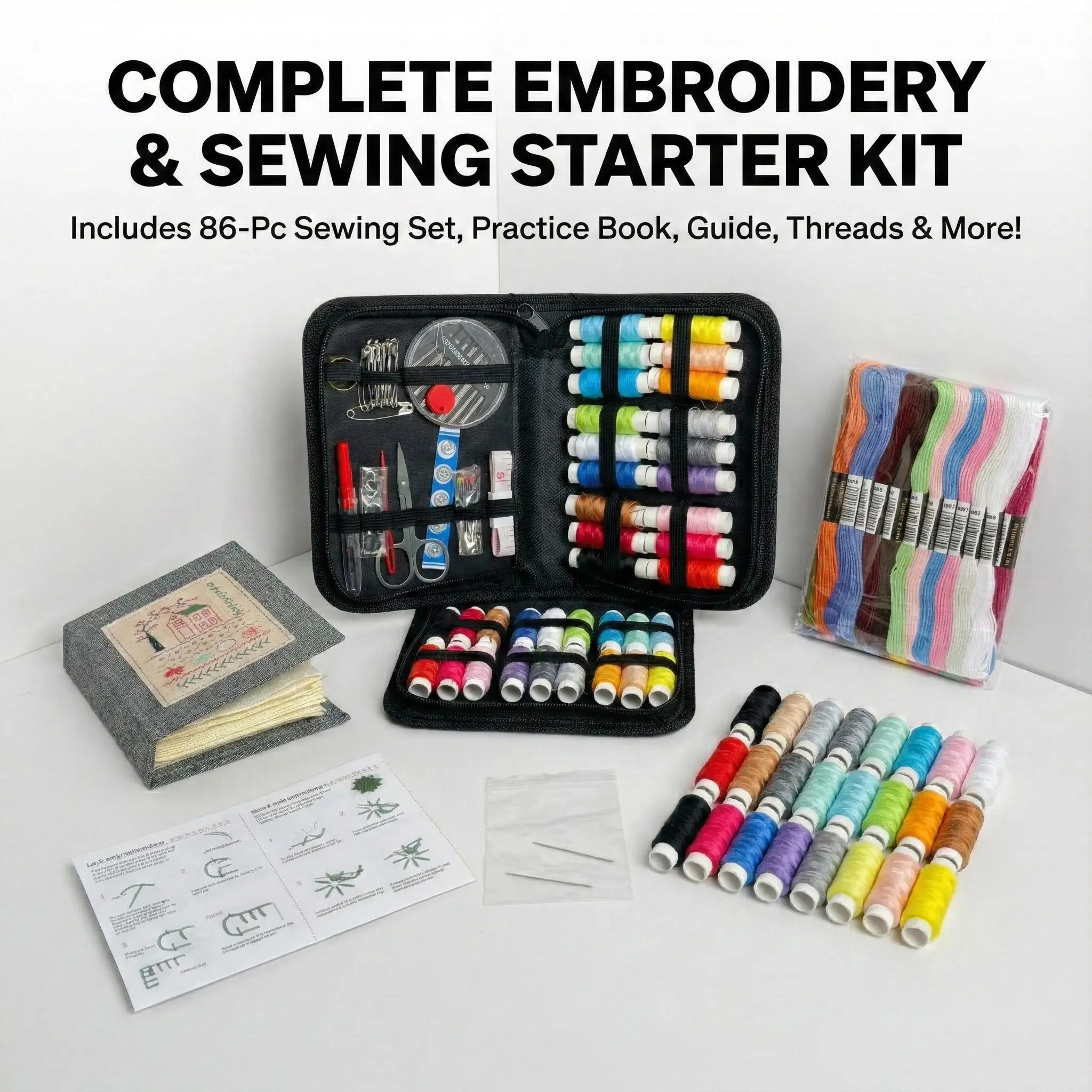 Portable Embroidery Stitch Book + Pro 114-Piece Sewing Kit: 18 Regular Threads, 24 Embroidery Threads, Tools & Manual (Portable for Beginners/Enthusiasts)