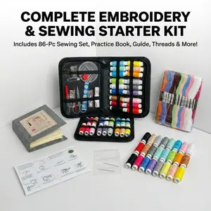 Portable Embroidery Stitch Book + Pro 114-Piece Sewing Kit: 18 Regular Threads, 24 Embroidery Threads, Tools & Manual (Portable for Beginners/Enthusiasts)