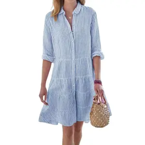 Chouyatou Women's Pure Cotton Striped Long-Sleeved Midi Dress Casual Loose Button-Down Shirt Dress