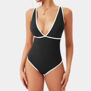 OYV Women's Ribbed Black Bodysuit with White Trim Deep V Neck Cross Back Slimming Top