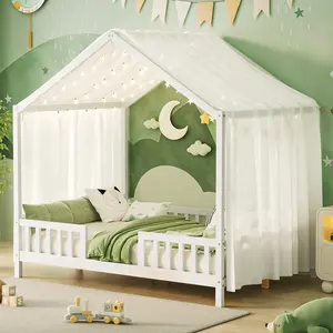 Montessori Floor Bed with Canopy, Twin/Full House Shaped Bed Frame with High Railings, Wooden Roof Bed for Kids Bedroom, White Pink Natural Grey