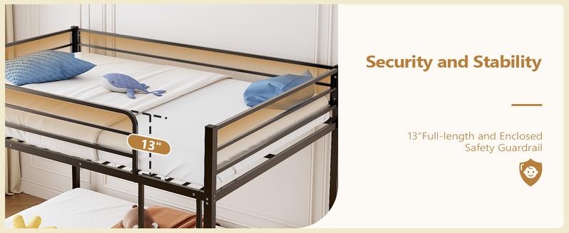 JOYMOR Bunk Bed Twin Over Twin, Metal Twin Size Bed Frame with Safety Guardraild for Boys Girls, Junior, Low Profile Space Saving Design, Mattress Not Included