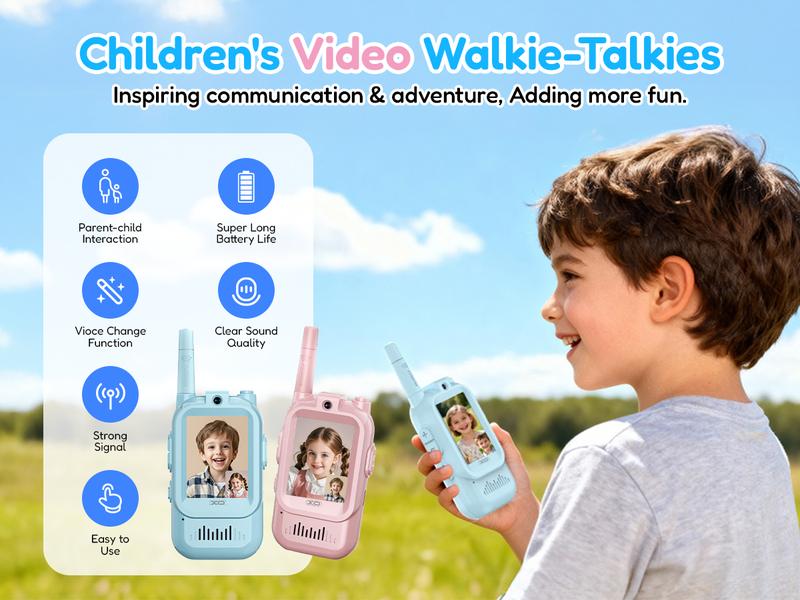 Kids Video Walkie Talkies, Rechargeable 2 Pack Handheld Video Intercom, Indoor Outdoor Toys for Camping Hiking Family Games, Ideal Christmas Gifts for Boys Girls Ages 3-12 (Blue/Pink)