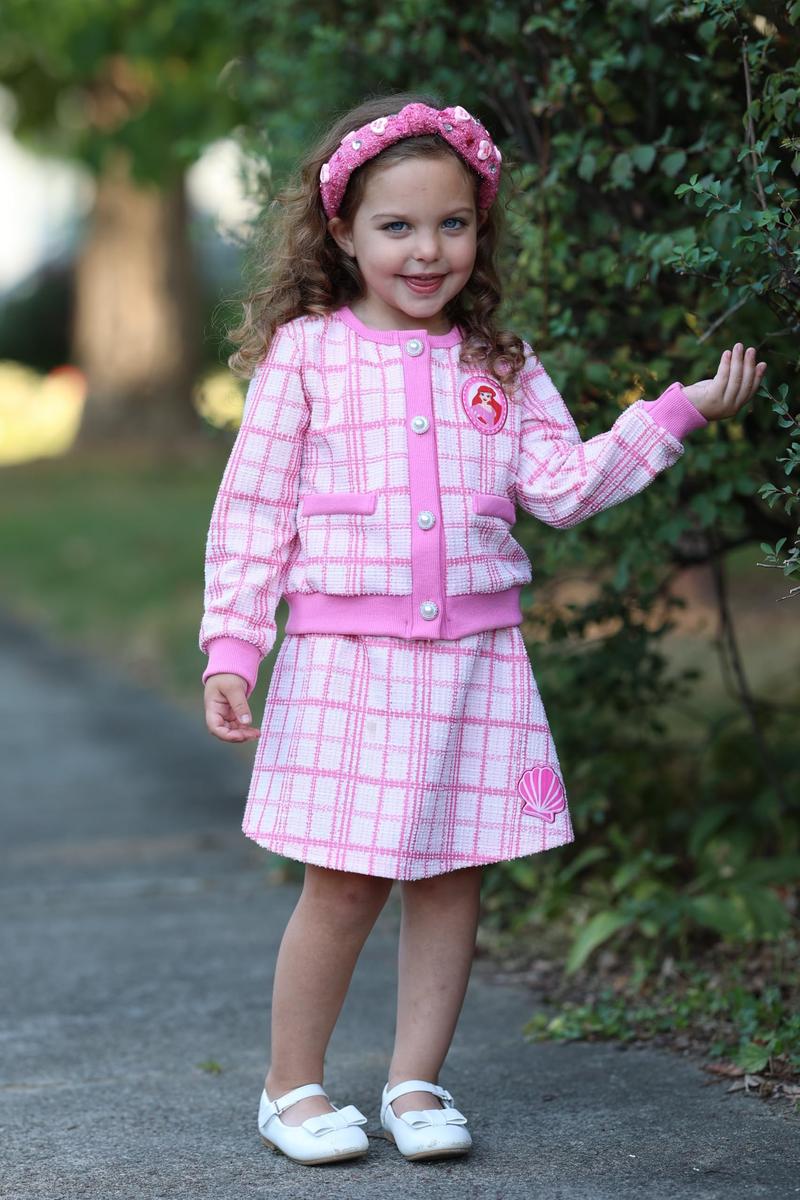 Disney Frozen Elsa Stitch Moana Minnie Toddler Girls 2 Piece Set Pearl Buttoned Knit Top Tweed Skirt Outfit for Kids Aged 2-7