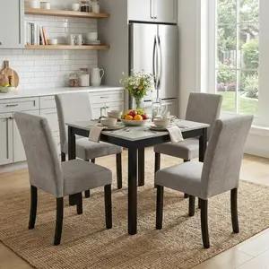 5-Piece Dining Set with Concrete-Effect Melamine Tabletop, Modern Wooden Dining Table Set, Solid Wood Kitchen Table Chairs Set of 4 for Dining Room, Kitchen, Restaurant, Grey&Black