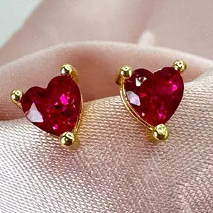 Gold Plated Heart Shape Stud Earrings with Red Gemstone for Women's Fashion Jewelry