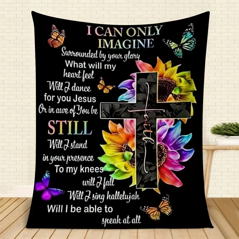 I Can Only Imagine Christian Blanket, Colorful Sunflower Cross Butterfly Jesus Faith Fleece Throw Blanket, Inspirational Religious Scripture Blanket Gift For Women Church Home Decor