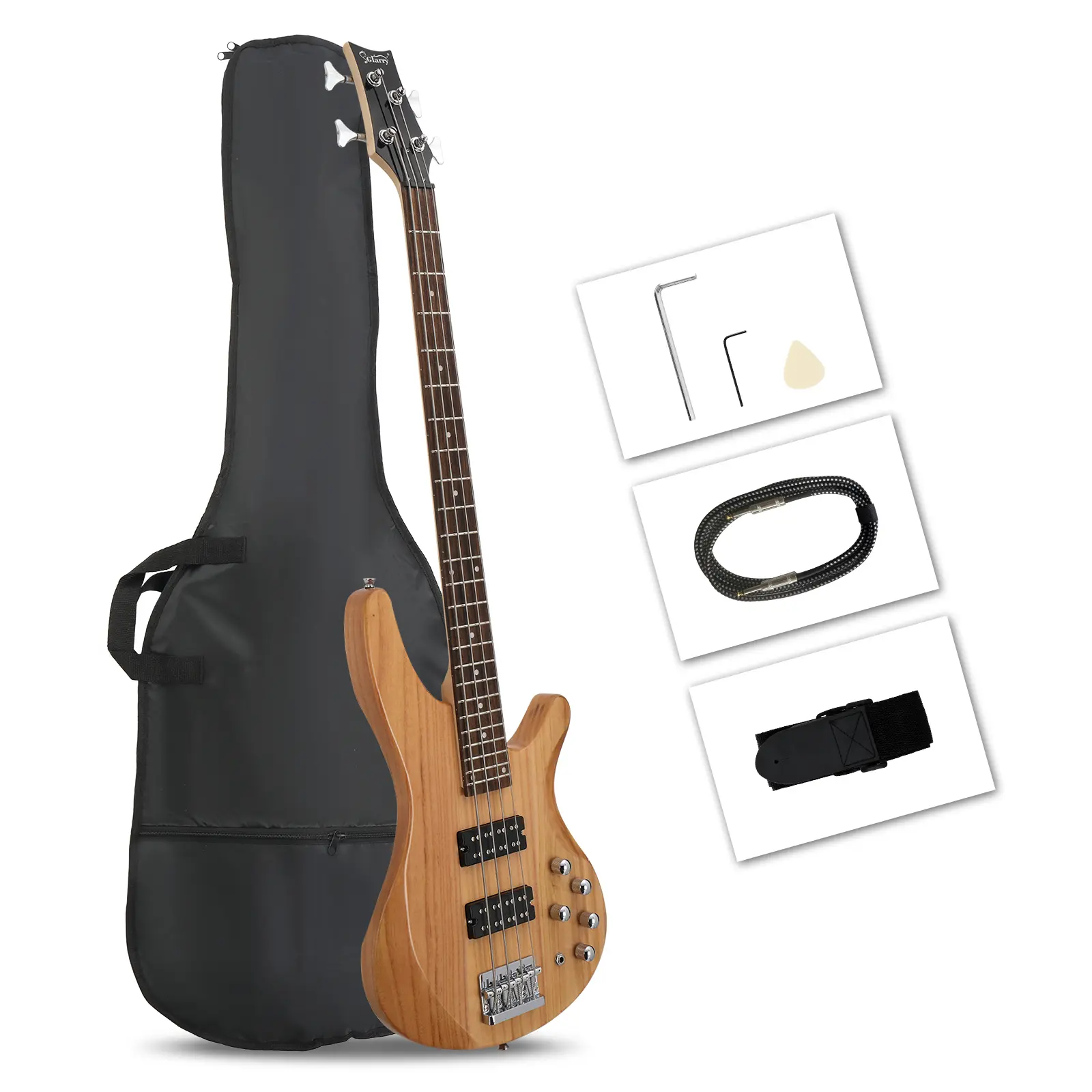 Glarry 44In 5-String Electric Bass Guitar - H-H Humbucker Pickups, Laurel Wood Fingerboard, Basswood Body, Wood Finish, 11.44Lb / 5.2Kg, Beginner-Friendly, Right-Handed, Includes Bag, Picks & Wrench Tool (Burlywood), Guitar Tuning Pegs, Right Hand