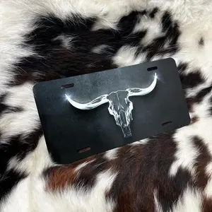 Texas Longhorn Skull License Plate Cowboy Western Rancher Livestock Producer Chrome Looking License Plate for Car or Truck Accessories