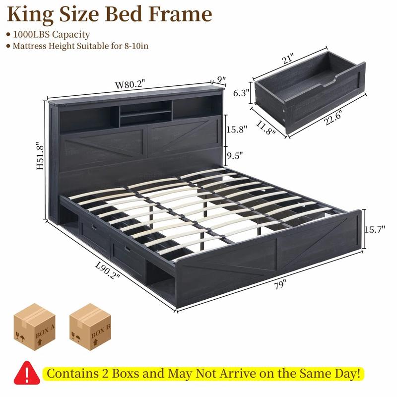LINGMU Modern King Size Storage Bed Frame with 52” Tall Headboard, Noise-Free Slat Support, 4 Drawers & 2 Cabinets, Black