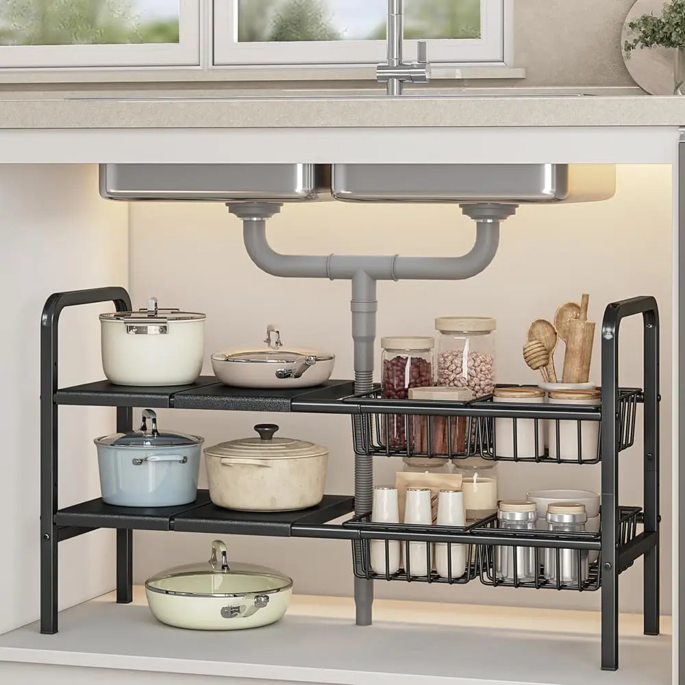 Expandable Under Sink Organizer, 2 Tier Under Sink Shelf with 4 Removable Baskets and 4 Removable Panels for Cabinet Sink Cloakroom Wardrobe Closet Storage