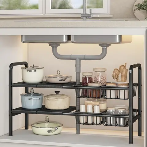 Black 2-Layer Adjustable Metal Rectangle Under Sink Storage Organization Shelf - Kitchen Home Organizer with Removable Baskets & Panels, Ideal Shelves for Storage (Black-2 Layer 4 Panels 4 Baskets)