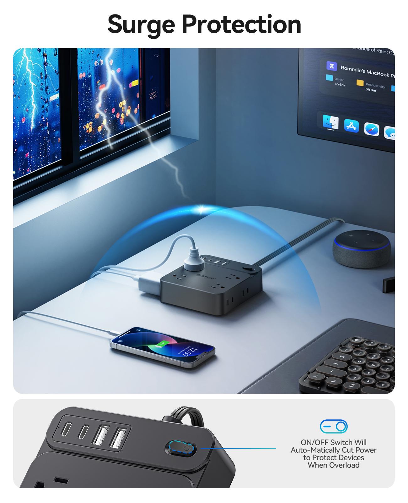 Surge Protector Power Strip, Outlet Extender with 8 Outlets 4 USB Ports (2 USB C), Overload Protection, Long Extension Cord with Multiple Outlets for Indoor, Home, Office-SP1