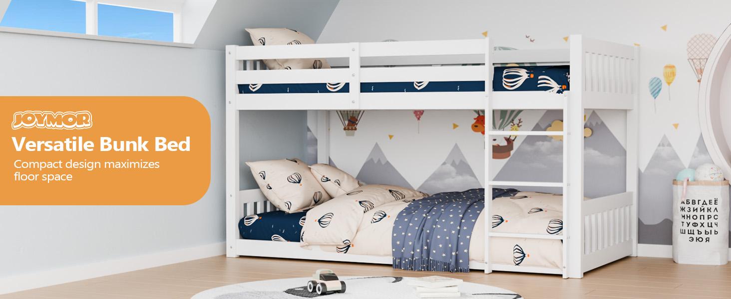 JOYMOR Solid Wood Low Twin Over Twin Bunk Bed for Kids/Junior, Bunk Bed Frame with Guardrails & Ladder for Boys Girls, No Box Spring Needed