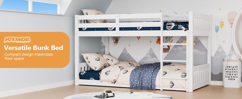 JOYMOR Solid Wood Low Twin Over Twin Bunk Bed for Kids/Junior, Bunk Bed Frame with Guardrails & Ladder for Boys Girls, No Box Spring Needed