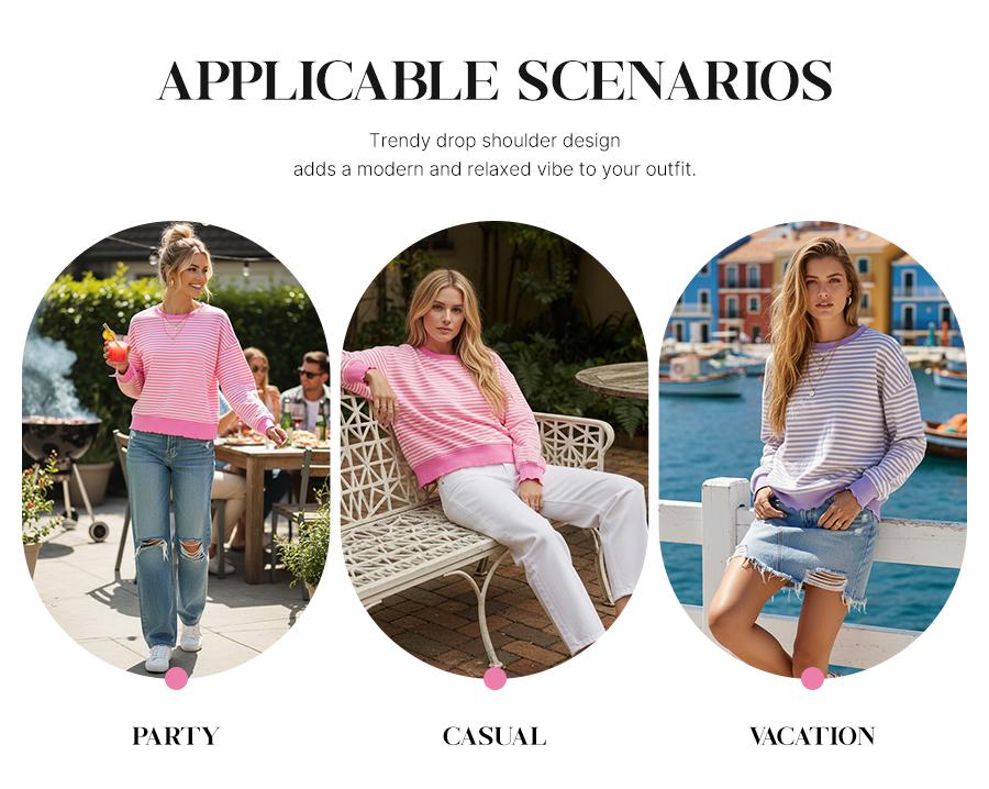 Dear-Lover Stripe Print Crew Neck Drop Shoulder Long Sleeve Loose Casual Top For Women's Dailywear