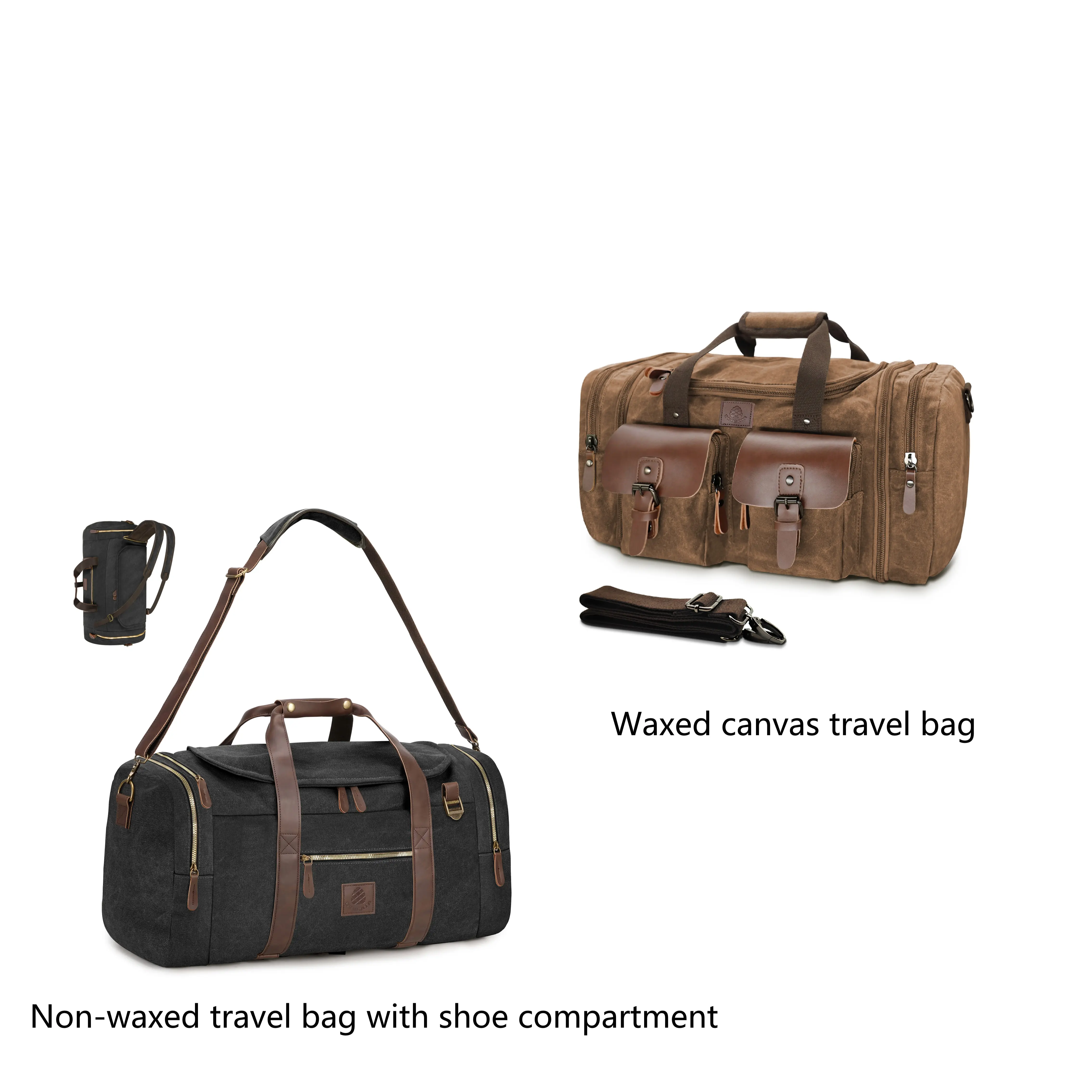 Black travel bag with shoe compartment+Waxed canva