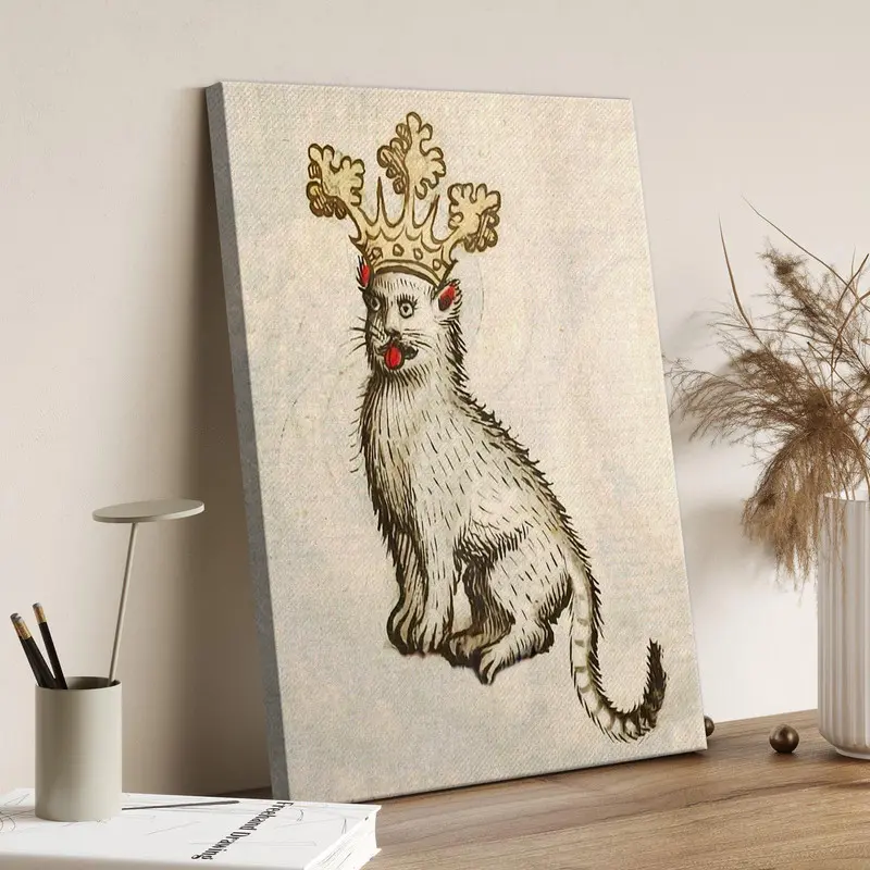 Silly Medieval Cat, Cat with Crown, 15th 16th Century Heraldic Art Print, Weird Cute Antique Cat Art, Rennaissance Cat, Middle Ages Cat Art