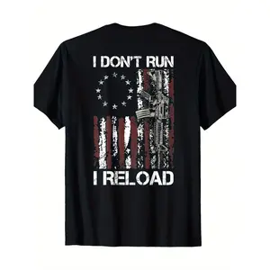 100% Cotton American Flag Patriots T-Shirt - 'I Don'T Run I Reload Gun' Design, Short Sleeve, Round Neck, Machine Washable.