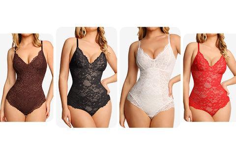 Popilush Basic Full Lace Shapewear Bodysuit Women Vneck Compression Sleeveless Thong Tummy Control Backless Adjustable Sexy Long Sleeve Bodysuit Womenswear