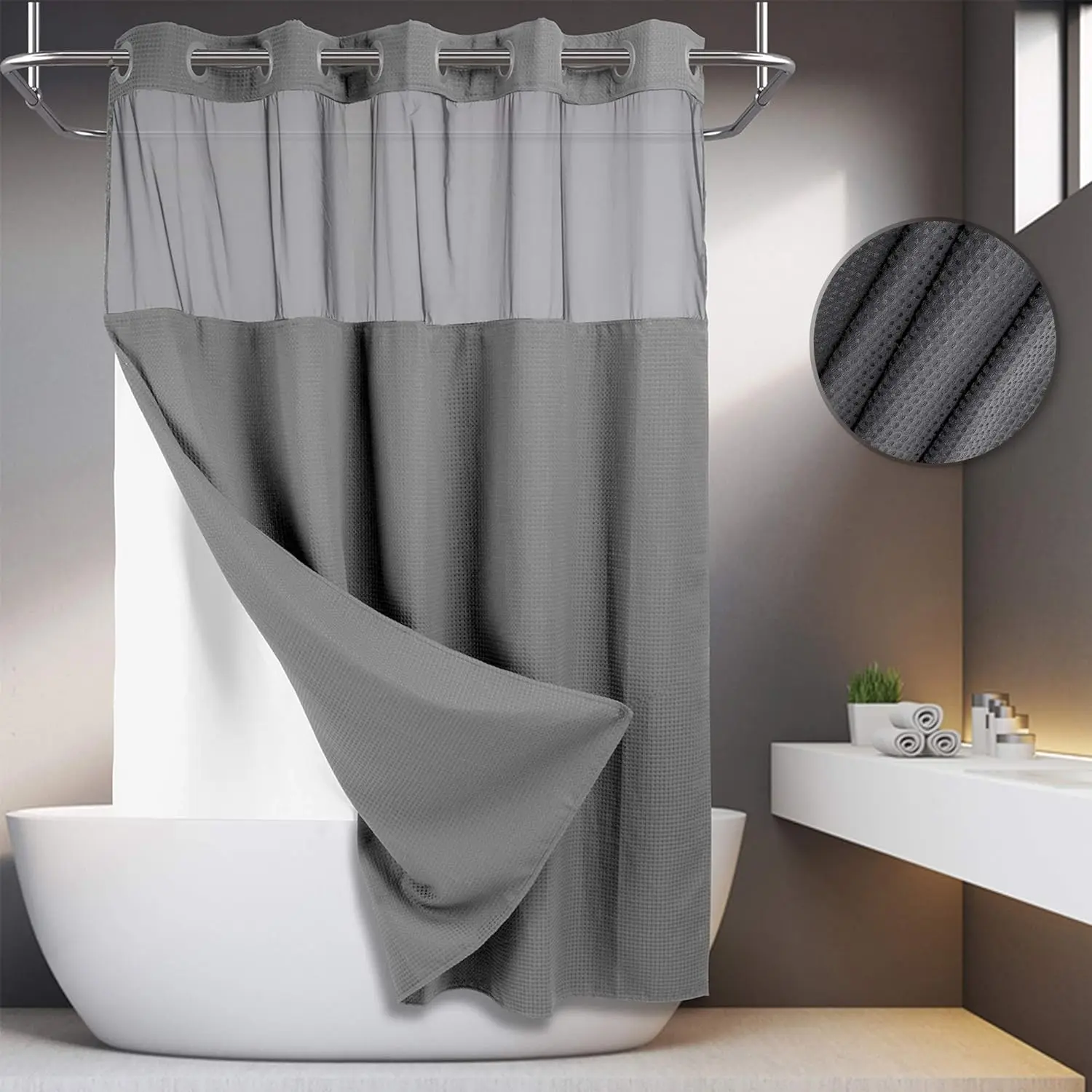 No Hook Magnetic Waffle Shower Curtain Set with Snap-in Mesh Top Cloth Liner - Double Layer, Waterproof, Washable, 72x75 in - Modern Window Bathroom Accessory for Dorm, Home #backtoschool #dormdecor #bathroomorganization
