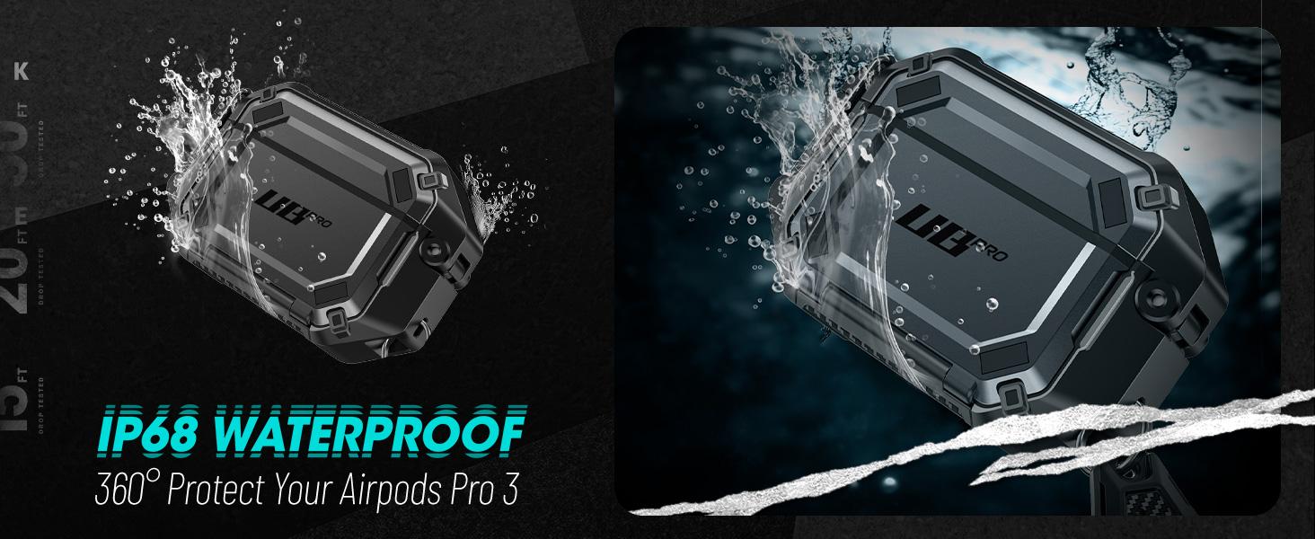 SUPCASE AirPods Pro 3 Case with Lock & Carabiner, IP68 Waterproof, Military-Grade Protection, Anti-Scratch Hard Shell Cover, Supports Wireless Charging