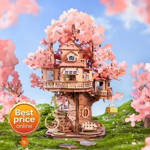 ROBOTIME DIY Miniature House Kits for Adults, 3D Wooden Puzzles for Teenager, Japanese Cherry Blossom Tree Sakura Bonsai Plants for Birthday Gifts and Hobbies (Sakura Tree House)
