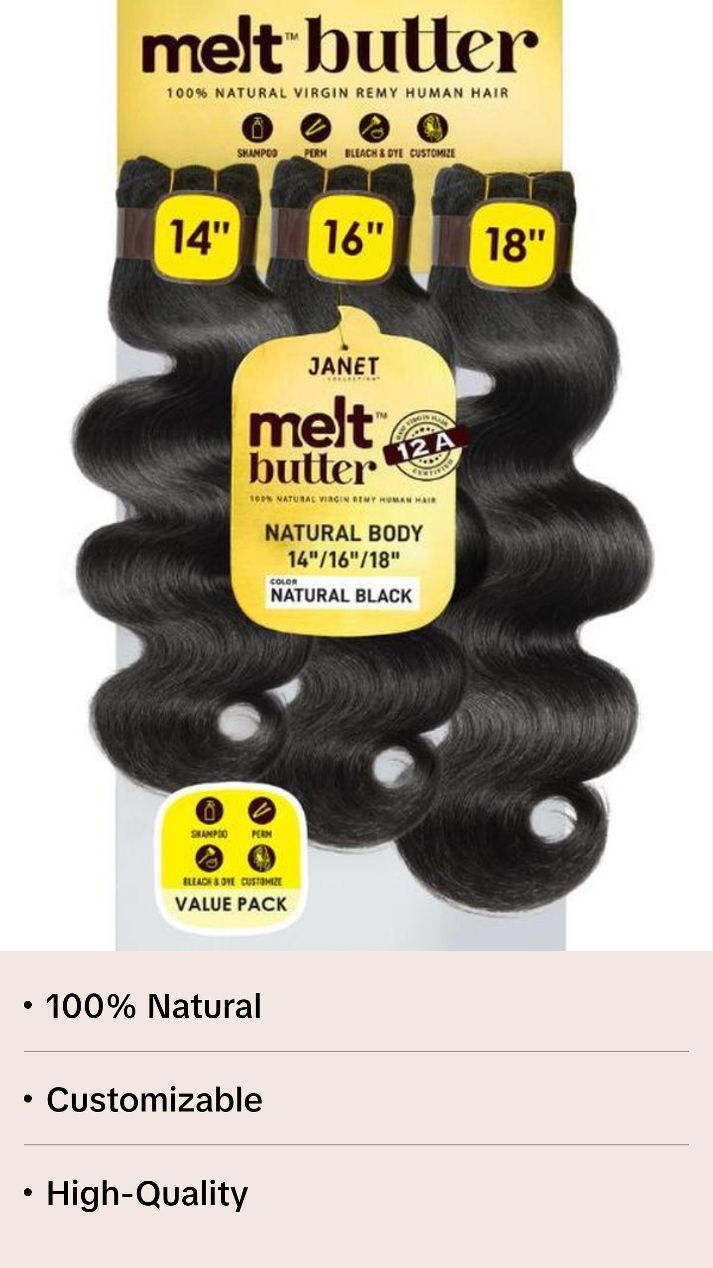Janet Collection melt butter 12A 100% Natural Virgin Remy Human Hair NATURAL BODY 3PCS Value Pack Janet Collection melt butter 12A 100% Natural Virgin Remy Human Hair NATURAL BODY 3PCS Value Pack